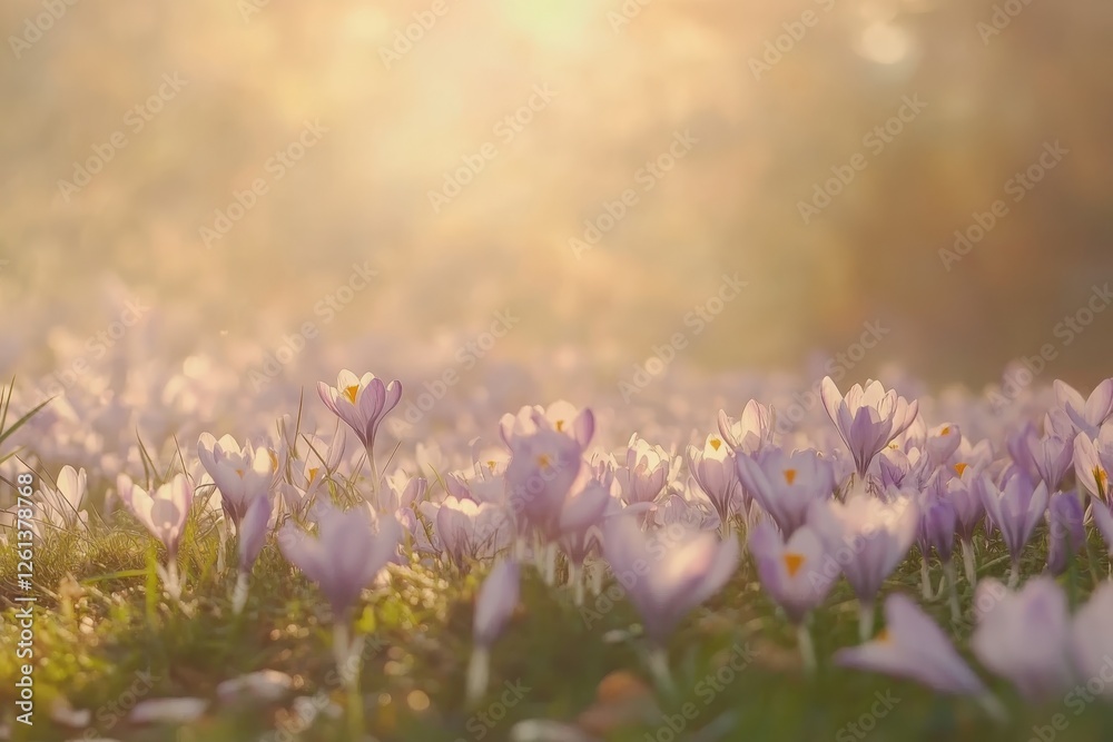 Obraz premium Serene spring meadow adorned with delicate purple crocus flowers in full bloom. The composition captures the essence of early spring.