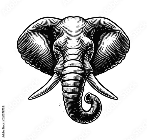 elephant head engraving black and white outline