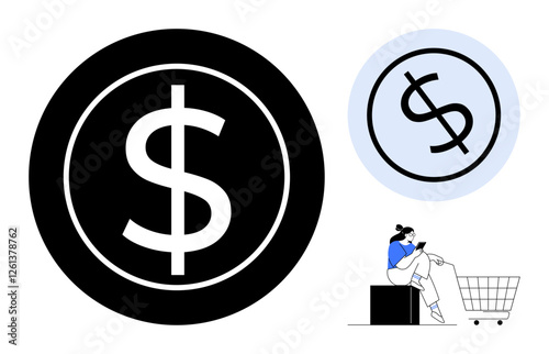 Large black dollar sign inside circle, smaller blue dollar sign, and person with shopping cart. Ideal for finance, e-commerce, investment, savings, shopping money management business. Abstract line