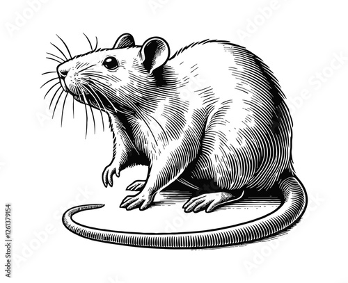 single albino rat engraving black and white outline