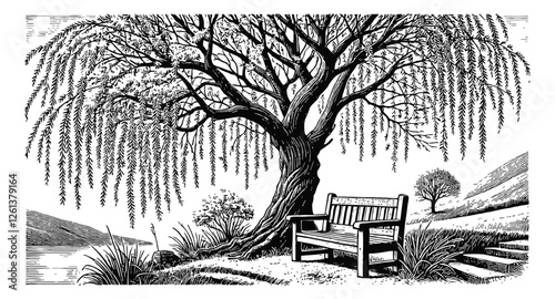 willow tree with a wooden bench engraving black and white outline