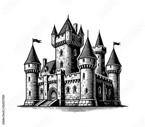 medieval stone castle engraving black and white outline