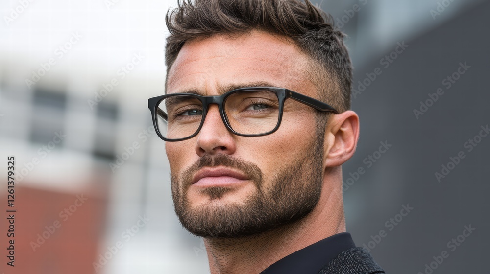 Confident man with beard and glasses standing against urban background