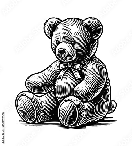 teddy bear doll toy engraving black and white outline