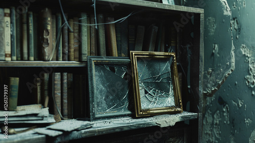 Forgotten Picture Frame on Dusty Surface: A broken frame sits on a dusty shelf, evoking memories left in the past and the poignancy of neglect. photo