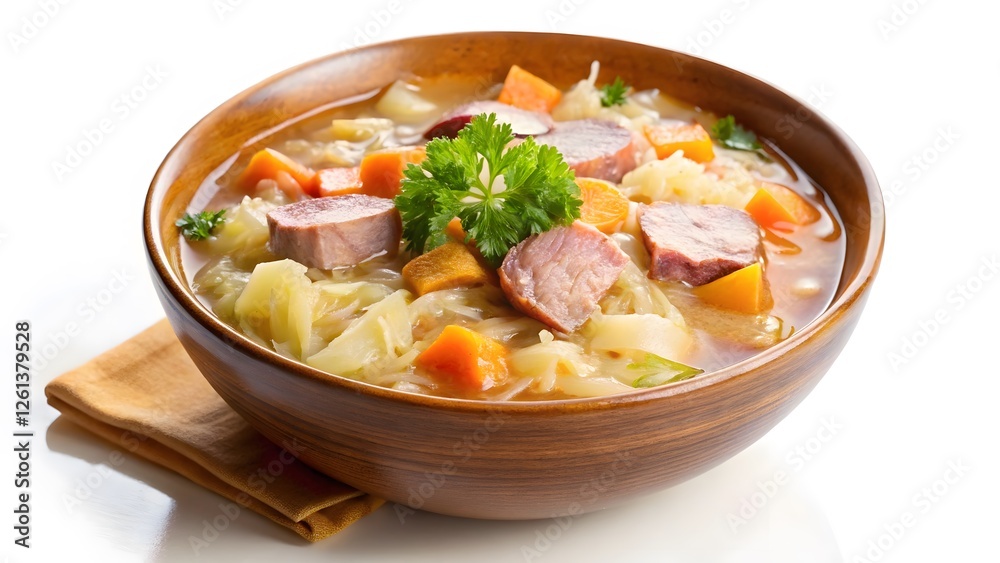 Hearty Cabbage and Sausage Soup in Wooden Bowl Hearty Cabbage and Sausage Soup in Wooden Bowl