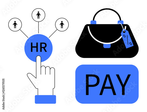 Hand touching HR button linked to employee icons, handbag with tag, and PAY label. Ideal for HR, payroll, employee management, financial transactions, business operations, corporate policies