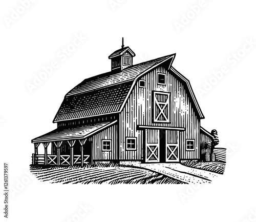 barn farm engraving black and white outline