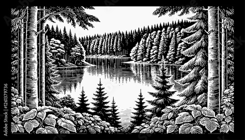 0352-ing style illustration of a serene lake surrounded by a dense forest, with the