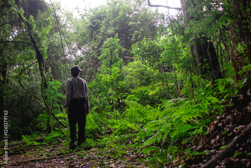 Male person with a hat in the middle of the jungle of Misiones, Argentina.