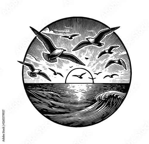 flock of seagulls flying above the ocean at sunrise engraving black and white outline