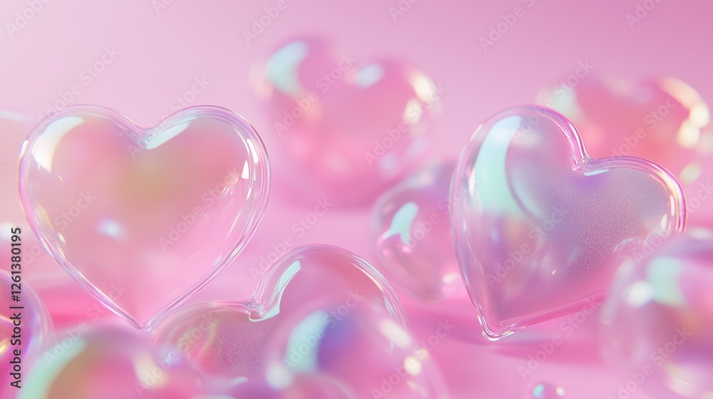 Fototapeta premium Holographic hearts on a pink background with copy space for the text.