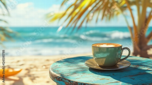 Serene beachside coffee moment: relaxation by the ocean