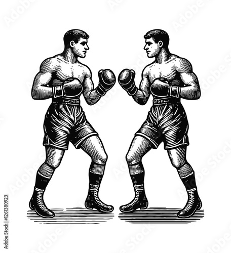 vintage boxer in a fighting stance engraving black and white outline