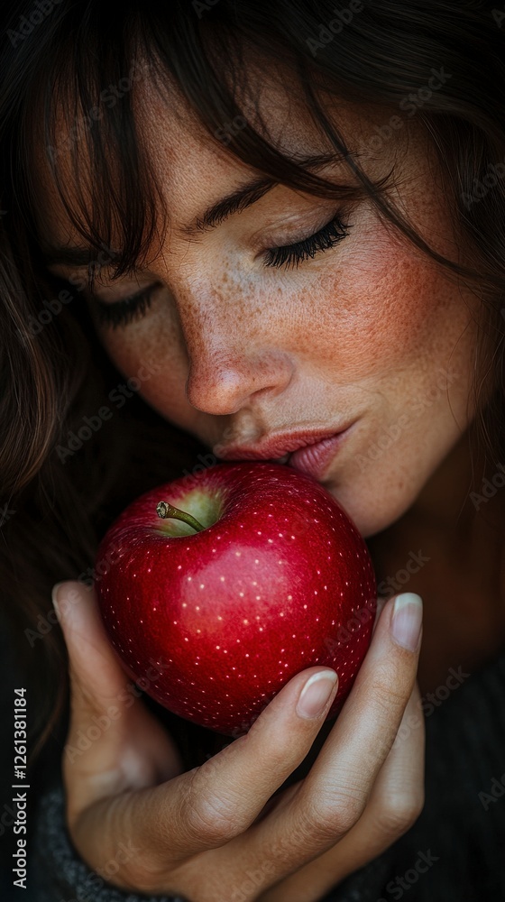 Woman Holding Red Apple with Soft Expression and Natural Beauty Woman Holding Red Apple with Soft Expression and Natural Beauty
