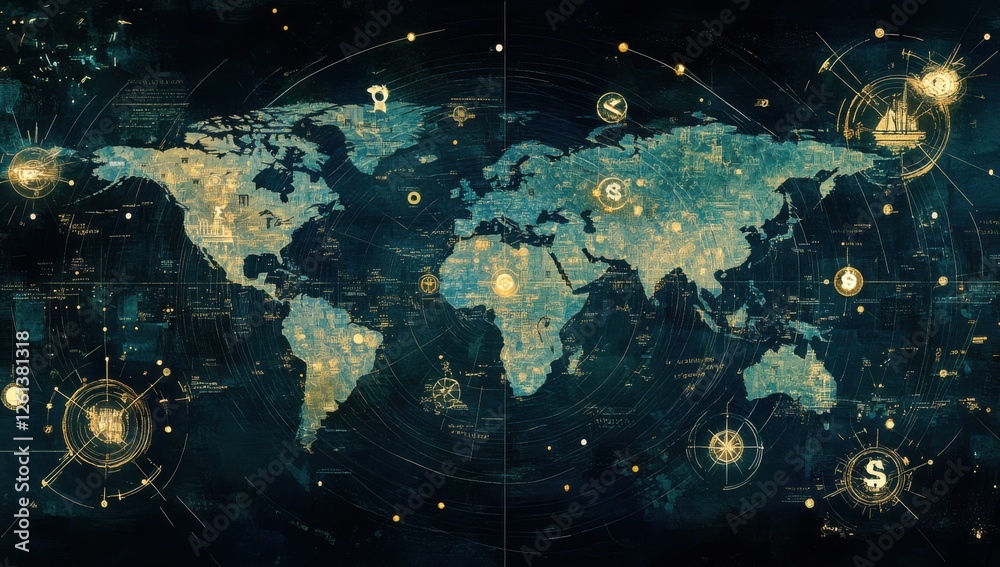 Obraz premium Artistic Visualization of a Global Map with Abstract Icons and Bright Gold Elements Representing Economics, Technology, and Navigation Across the World