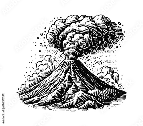 volcanic mountain erupting engraving black and white outline