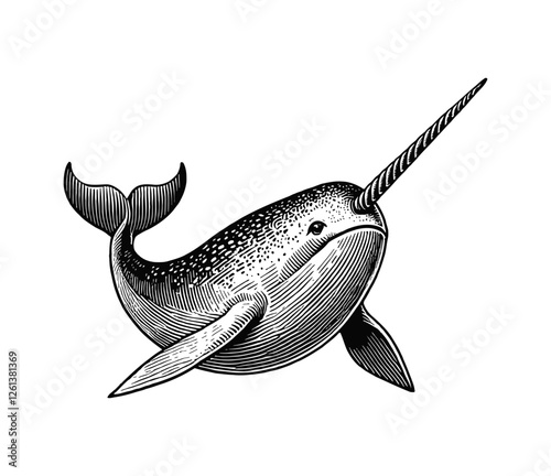 narwhal engraving black and white outline