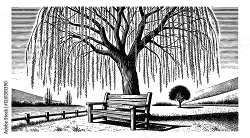 willow tree with a wooden bench engraving black and white outline