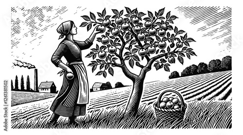single apple tree in a rural setting with a woman harvest engraving black and white outline