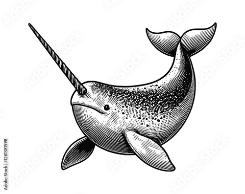 narwhal engraving black and white outline