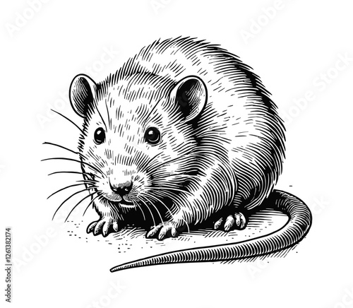 single albino rat engraving black and white outline