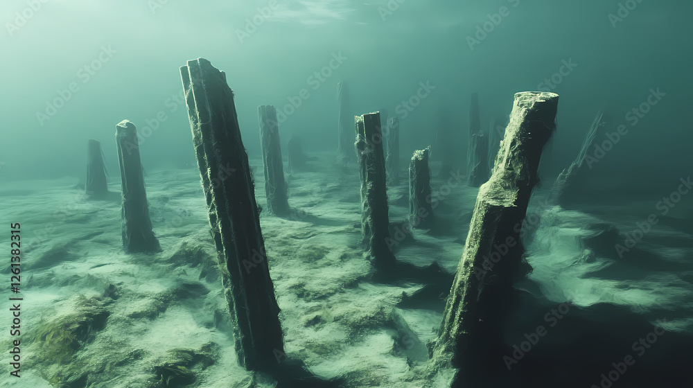 Sunken pillars emerge from the ocean floor mysteriously. Ancient Sunken Civilizations. Illustration Sunken pillars emerge from the ocean floor mysteriously. Ancient Sunken Civilizations. Illustration