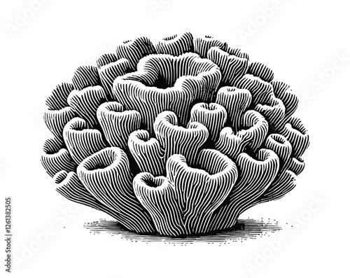 Pocillopora coral engraving black and white outline