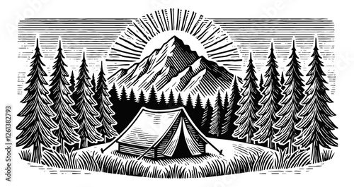 camping scene with a tent and sun and mountain engraving black and white outline