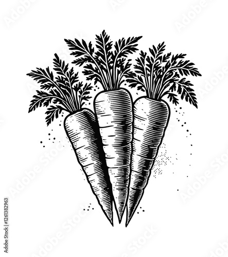 carrots with leafy tops engraving black and white outline