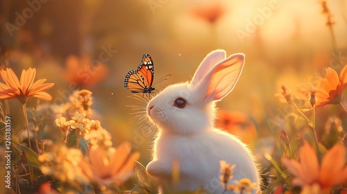 White baby bunny with monarch butterfly in orange wildflower meadow at sunset. Easter spring scene with cute rabbit surrounded by flowers at golden hour. Nature magic photo