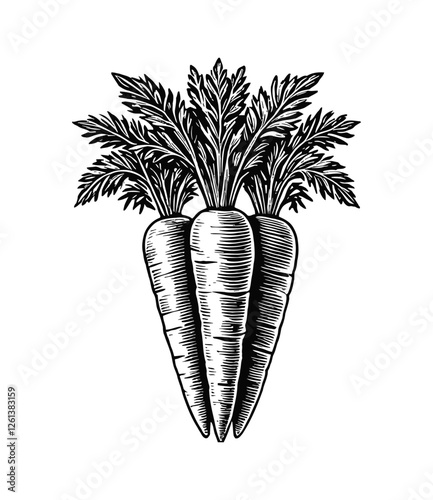 carrots with leafy tops engraving black and white outline