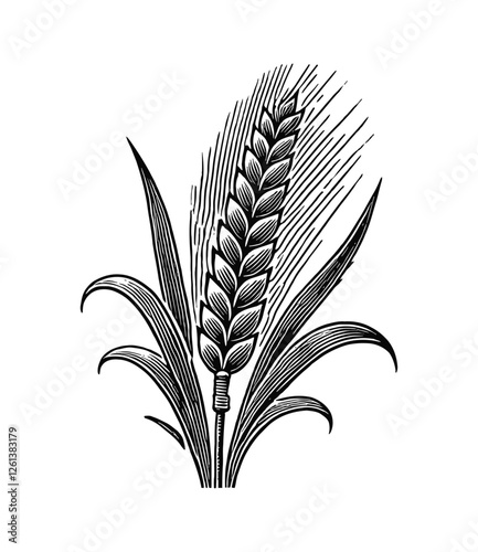 single stalk of wheat engraving black and white outline