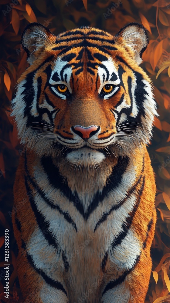 Fototapeta premium Majestic tiger portrait autumn leaves background