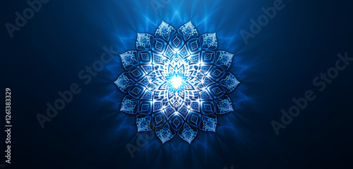 A beautifully lit Islamic geometric pattern glowing softly, centered on a sapphire blue background.