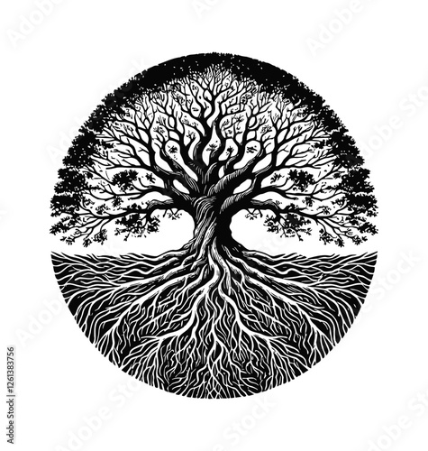 tree with sprawling branches and deep, intricate root engraving black and white outline