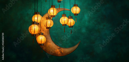 A beautifully arranged crescent moon behind golden lanterns, glowing softly on a deep emerald green background.