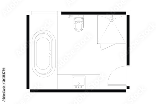 2d layout plan of bathroom interior design, black lines on white, isolated. Set 7