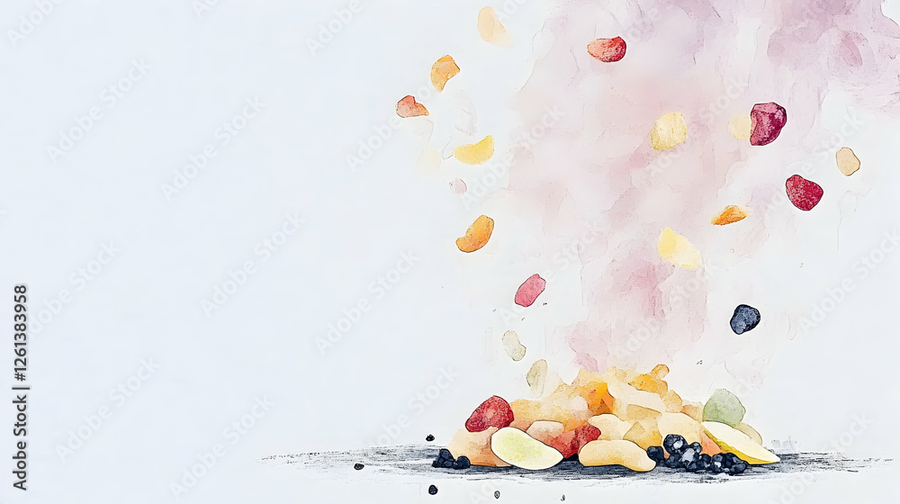 Fototapeta premium Watercolor painting of assorted fruits falling onto a pile.