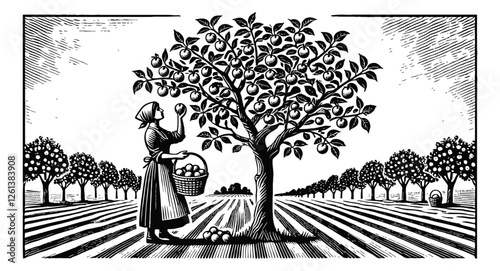 single apple tree in a rural setting with a woman harvest engraving black and white outline