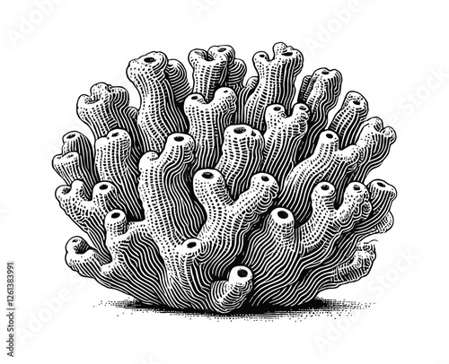 Pocillopora coral engraving black and white outline