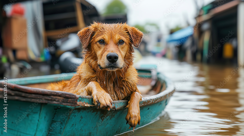 A drenched golden retriever rests on a wooden boat in a flooded town, reflecting resilience and survival.