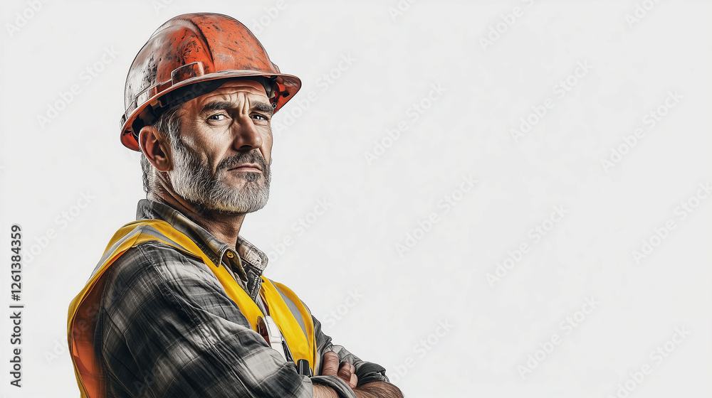 Fototapeta premium Confident Senior Construction Worker in Safety Gear, Hard Hat, Reflective Vest, Strong Professional Expression, Experienced Builder, White Background, Determined Engineer, Skilled Industry Expert