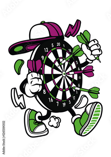 Dartboard Mascot: A whimsical dartboard character, personified with playful anthropomorphic features, strides confidently forward, ready to hit the bullseye in this dynamic illustration.
