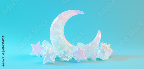 A crescent moon and stars created from glowing, translucent crystal shapes on a soft pastel blue background.