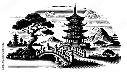 traditional East Asian pagoda temple with a curved bridge and a tree engraving black and white outline