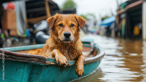 Obraz na płótnie A drenched golden retriever rests on a wooden boat in a flooded town, reflecting resilience and survival. w salonie
