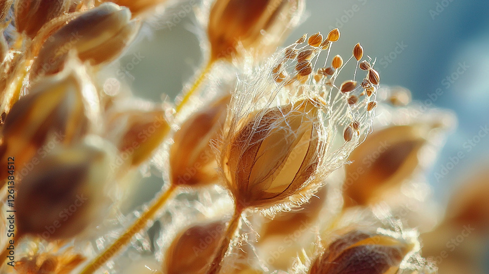 Delicate, feathery seed heads glow in soft light, showcasing intricate textures and patterns against a blurred, serene background.