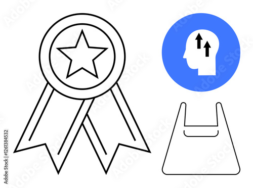 Achievement ribbon with star, human head with upwards arrows in blue circle, and tote bag. Ideal for success, awards, improvement, progress, growth encouragement goal-setting. Presented as abstract