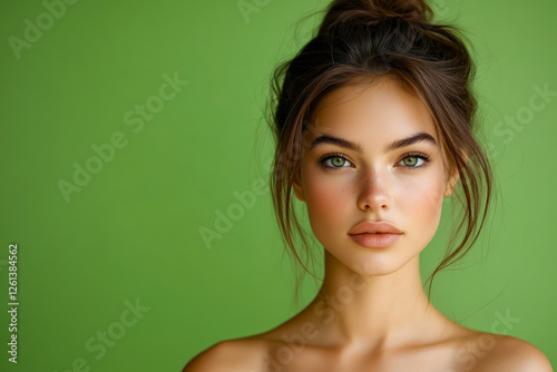 Exploring beauty and simplicity in a minimalistic portrait of a young model with radiant skin and captivating green eyes against a vibrant green background